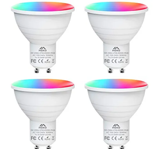 MoKo Lampadina LED WiFi Faretto GU10, 4 Pezzi Smart GU10 5W Multicolore dimmerabile, RGB B...