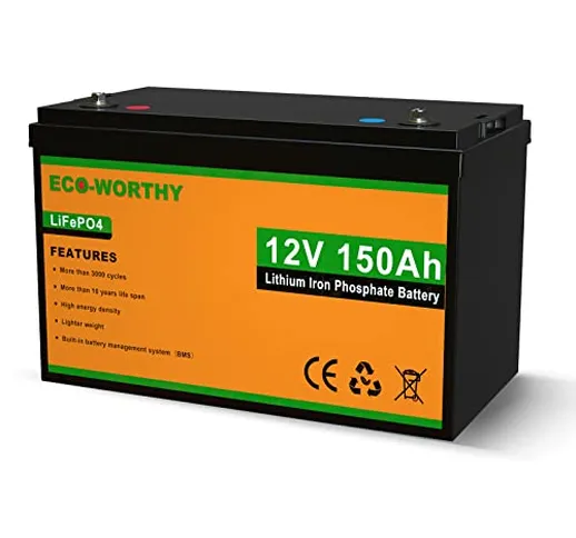 ECO-WORTHY Batteria al litio 12V 150Ah LiFePO4 ricaricabile con oltre 3000 cicli profondi...