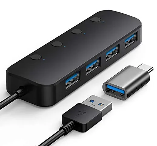 SCHITEC Hub USB 3.0 4 Porte con Interruttori di Alimentazione Cavo 60CM Multiporta Sdoppia...