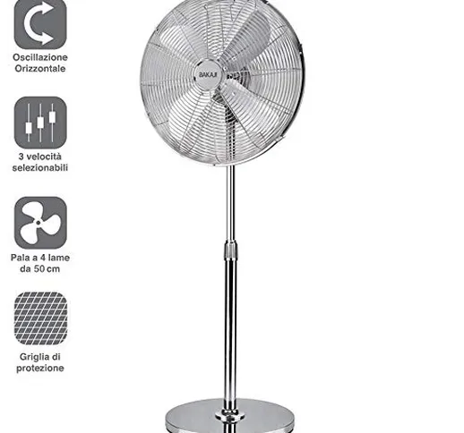 Bakaji Ventilatore a Colonna Piantana Acciaio Inox Potenza 60W Diametro Pale 50cm 3 Veloci...