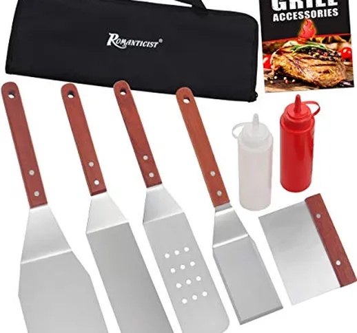 8pc Accessori per Barbecue con Impugnatura in Legno Massiccio Allungato - Set di Spatole i...