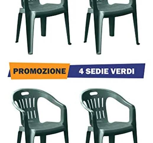 Sedia Verde con Braccioli | 4 Pezzi | Poltroncina in Plastica Impilabile da Giardino Garde...