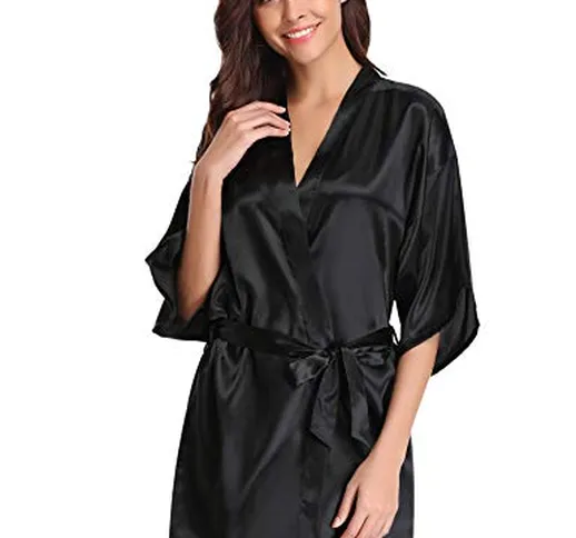 Aibrou Donna Pigiama Kimono, Scollo V Elegante Vestaglia Corta in Raso, Camicia da Notte c...