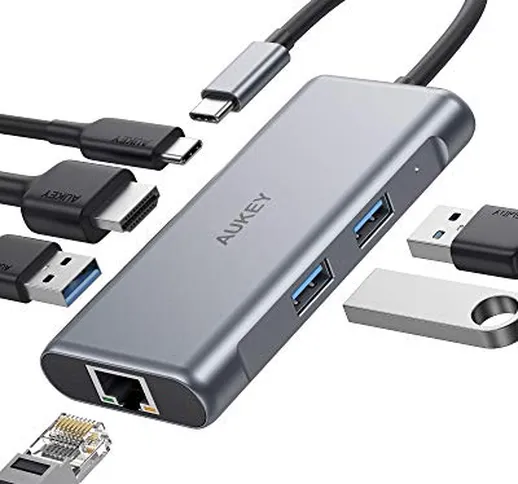 AUKEY Hub USB C, 6 in 1 Adattatore USB C con RJ45 Ethernet 1000Mbps, 4K HDMI, Ricarica PD...