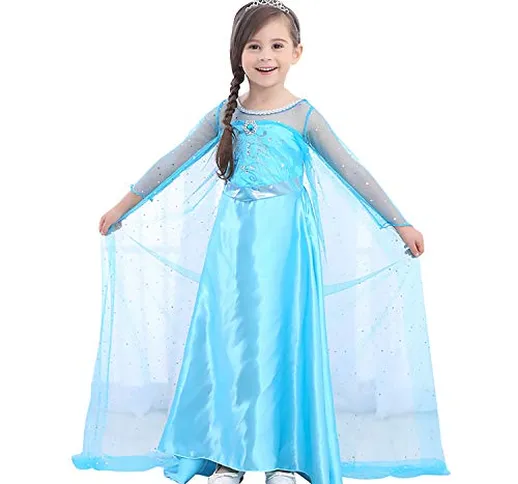 URAQT Elsa Frozen Costume, per Bimba con Vestito Lungo, Colore Blu, Taglia 150 per 7-8 ann...