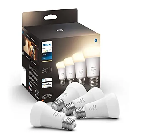 Philips Hue White 4 Lampadine LED Smart, con Bluetooth, Attacco E27, 9 W, Dimmerabili, 800...