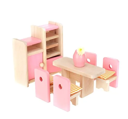 Sconosciuto Set di mobili per casa delle Bambole Sala da Pranzo in Legno Tavolo + Sedia +...