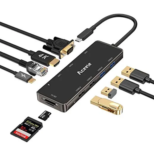 HUB USB C, Aceele 10 in 1 Adattatore USB-C con 4k HDMI e 1080P VGA, 4 Porte USB 3.0, RJ45...
