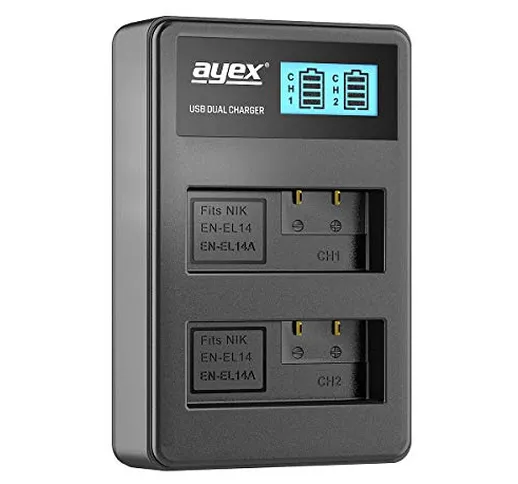 ayex Caricatore USB doppio per batterie Nikon agli ioni di litio tipo EN-EL 14, ricarica t...