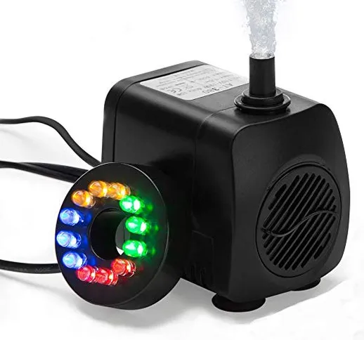 HOTSO Mini Pompa Acqua Sommergibile con 12 Luce di Colore LED 10W Ultra-Silenzioso 600L/ H...