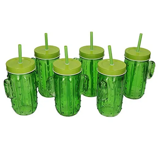 MamboCat Set di 6 Bicchieri da Cactus con Coperchio + Cannuccia I 350 ml I Verde I Long Dr...