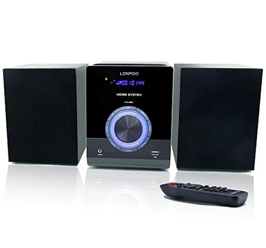 LONPOO Sistema Audio Domestico CD Mini Impianto Stereo Hi-Fi con Bluetooth, USB, radio FM,...