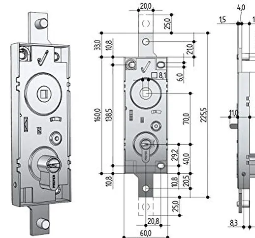 serratura per basculante/garage cilindro a profilo europeo interasse 70 mm, chiavi punzona...