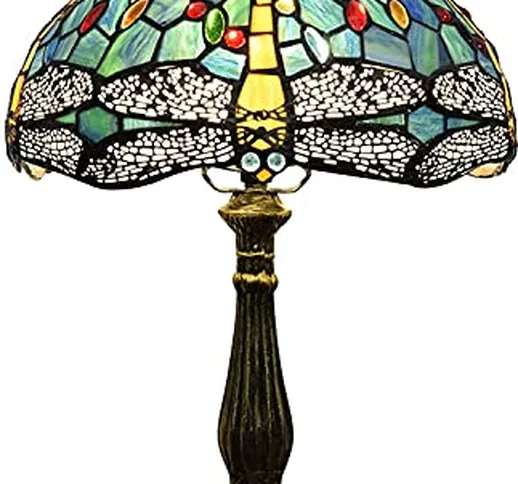 Tiffany, lampada W12H18 pollici verde mare in vetro colorato libellula ombre antiche lampa...