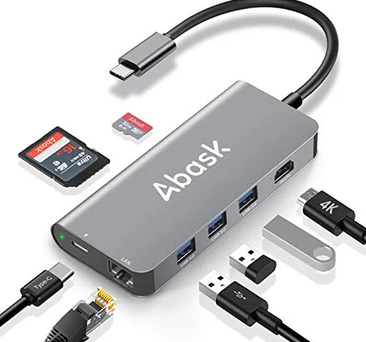 Abask Hub USB C Adattatore 8 in 1 Tipo C con HDMI 4K, Porta Ethernet RJ45, 3 Porte USB 3.0...