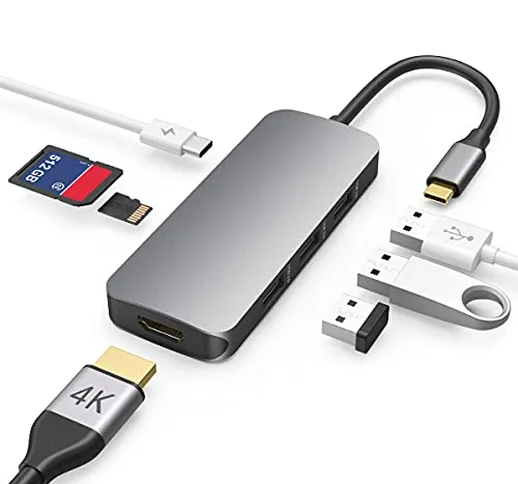 Adattatore USB C Hub 7 en 1,Hub USB 3.0 alimentato 100W PD Puerto de Carga PD Tipo C, USB...