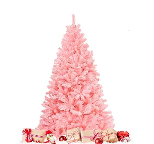 DREAMADE Albero di Natale Rosa 180/230 cm, Abete Artificiale con Cerniere e Base Pieghevol...