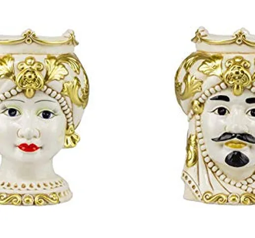 ILAB Coppia teste di moro regina e re in ceramica siciliana harmony decorata a mano oro,al...
