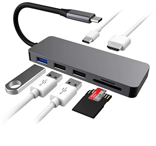 HOPLAZA Hub USB 7 in 1, Adattatore hub di Tipo C, 3 Porte USB 3.0, Lettore di schede TF/SD...