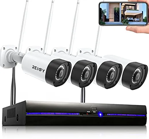 3MP Kit Videosorveglianza Wi-Fi Esterno Audio Bidirezionale, REIGY H.265 Sistema di Teleca...