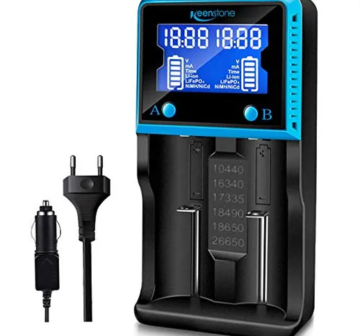 Caricabatterie 18650 2 Slot, Keenstone Carica Batteria Ricaricabili con Schermo LCD per Ba...