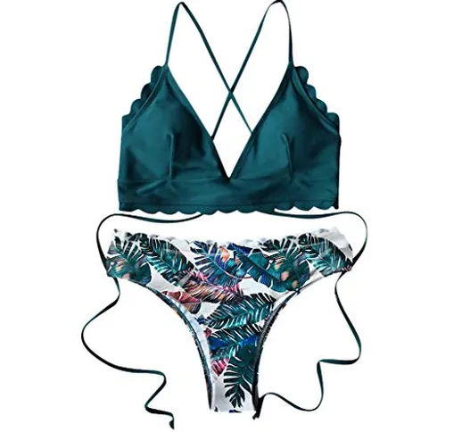 jieGorge Costume da Bagno Donna Sexy, Donna 's Orlo Smerlato Lacci con Stampa Tropicale Bi...