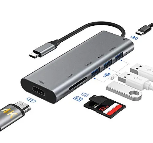 Hub USB C adattatore USB C 7 in 1 con HDMI 4K, 3 porte USB 3.0, lettore SD / Micro SD, ali...