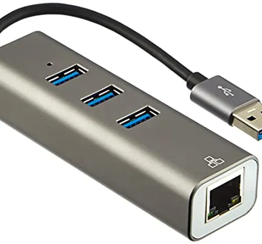 Amazon Basics - Adattatore a 3 porte USB 3.0 con porta gigabit ethernet RJ45, in alluminio...