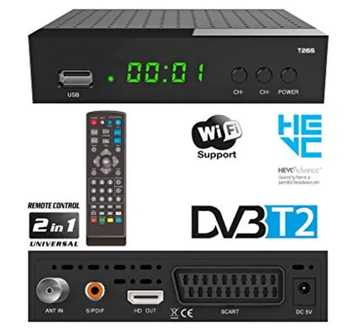 DVBT2 Ricevitore Full HD 1080P per TV WIFI ( HEVC/H.265 HDMI SCART, USB 2.0 , DVBT-2 , DVB...