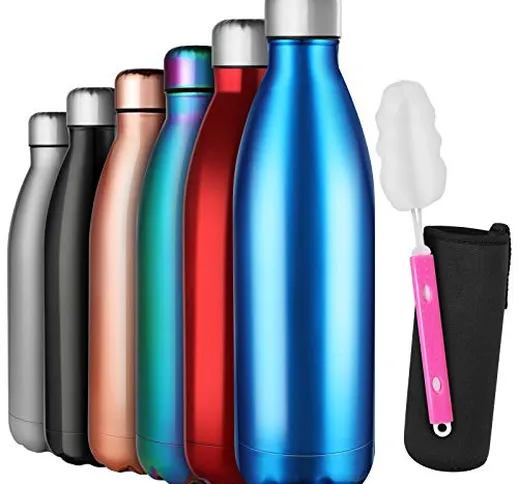 GeeRic Bottiglia Termica 1 Litro, 1L Borraccia in Acciaio Inox+Spazzola+Borsa Portatile Bo...