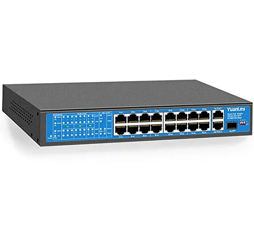 YuanLey Switch Poe 16 Porte, 2 Uplink Gigabit Ethernet, 1 Porte SFP, 16 Poe Porte 10/100Mb...