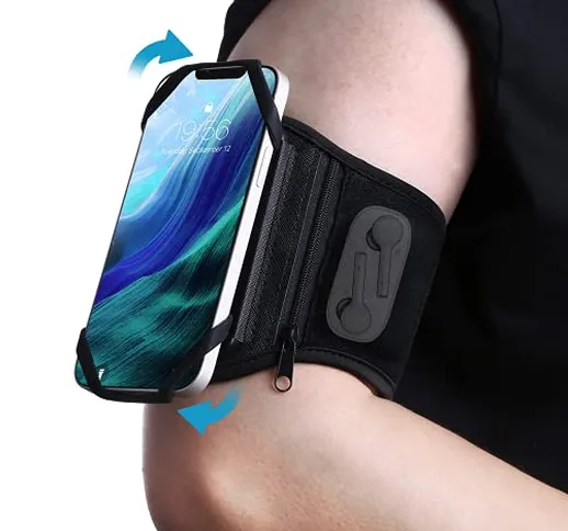 SenMore Fascia da Braccio con Borsa Airpods,Rotazione a 360° Fascia Porta Cellulare Fascia...