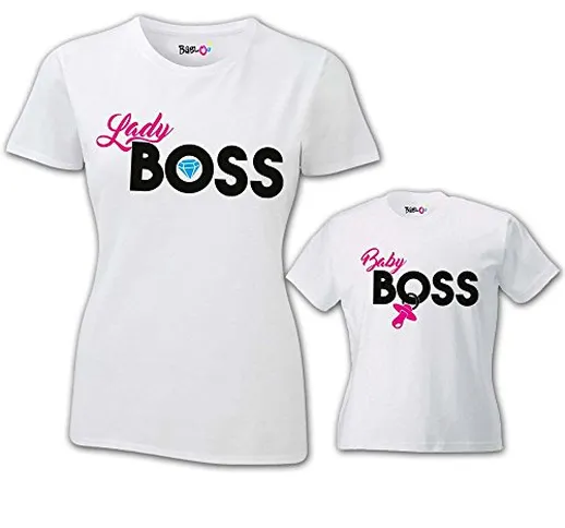 Coppia di T Shirt Donna Bambino Festa della Mamma Lady Boss Baby Boss T-Shirt Bianche Mamm...