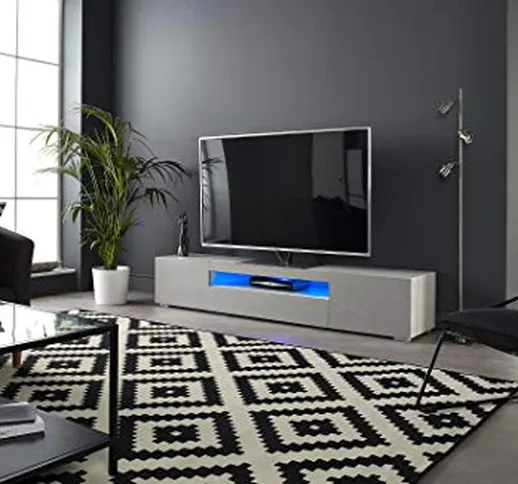Mobile TV moderno grigio opaco lucido 200 cm con luci LED blu per 50 55 60 65 70 75 80 pol...