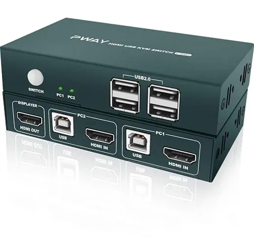 GREATHTEK HDMI KVM Switch USB 2 Porte, 4 USB2.0, 4K @ 30Hz, 2 PC 1 Monitor, 2 in 1 out, YU...