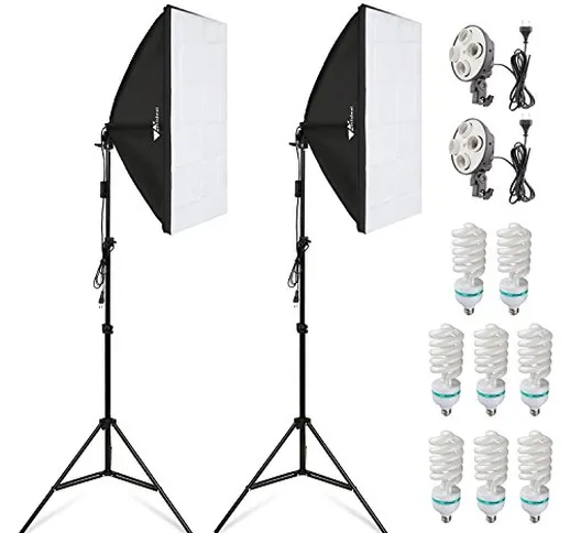 Amzdeal Softbox Kit Studio Fotografico, 2 x Softbox 50 x 70cm + 8 x Lampada 135W + 2 x Sta...