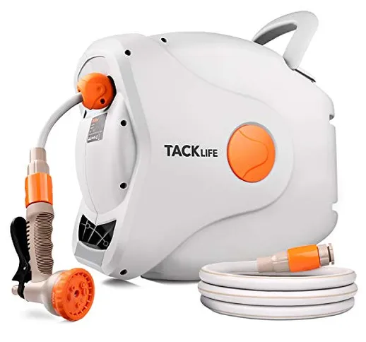 TACKLIFE Avvolgitubo da Giardino 30 + 2m, con Pistola a Spruzzo, Avvolgitubo a Parete Orie...