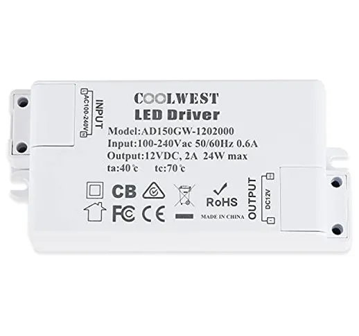 COOLWEST 24W Trasformatore LED Driver Alimentatori 12V DC 2A Tensione costante, usato per...