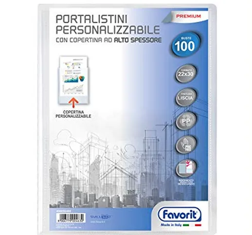 Favorit Portalistino Personalizzabile Premium, 100 Buste Lisce, 22 x 30cm, Trasparente