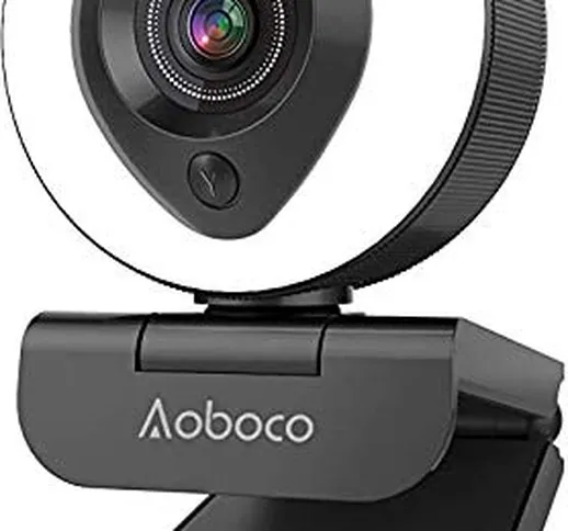 Streaming webcam HD 1080p con doppio microfono e luce ad anello, streaming videocamera USB...