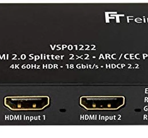 FeinTech VSP01222 Splitter HDMI 2.0, 2 ingressi, 2 uscite, Scaler ARC Pass per ricevitore...