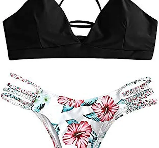 JFan Donna Bikini Intrecciato con Stampa Floreale a Foglia Costumi da Bagno Costumi da Bag...