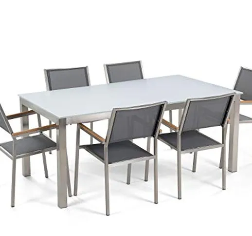 Set Tavolo e sedie da Giardino - in Vetro temperato Bianco e Fibra Tessile Grigia - Tavolo...