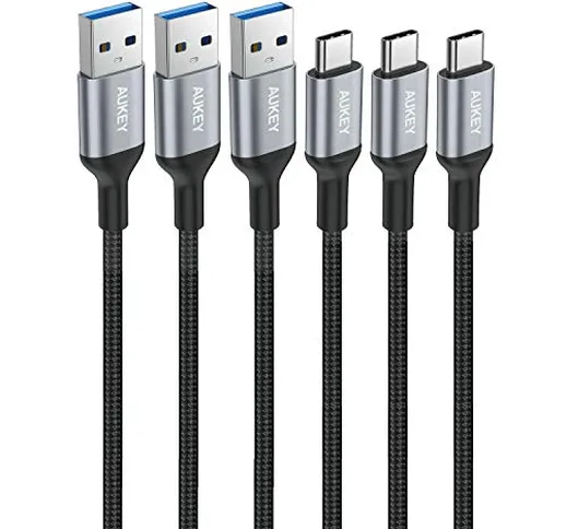 AUKEY Cavo USB C a USB 3.0 A [ 1m * 3 ] Nylon Intrecciato Cavi USB Type C Ricarica e Trasm...