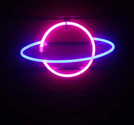 Lampada/insegna decorativa da parete, neon a LED, motivo: pianeta, alimentazione a batteri...