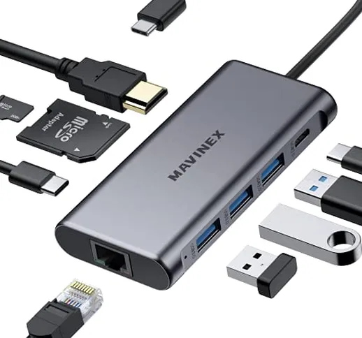 Hub USB C 9 in 1 MAVINEX Adattatore Tipo C con HDMI 4K, Trasferimento Dati USB-C a 5Gbps,...
