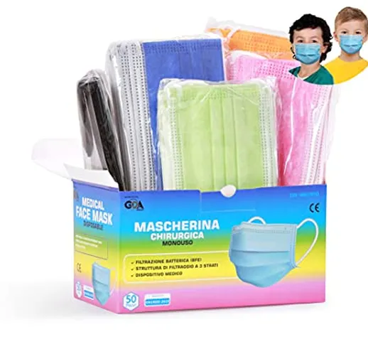 GDA Group 50pz Mascherine Chirurgiche per Bambini Colorate Monouso Certificate CE Classe I...