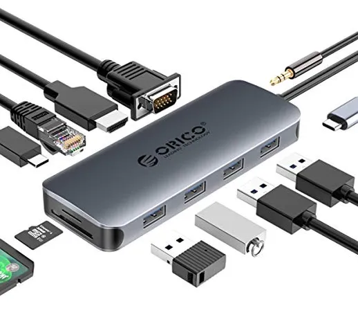 ORICO USB C Hub 11 in 1 Type C Adattatore con 4 K HDMI, VGA, SD 4,0 / TF Card Slot, 100W P...