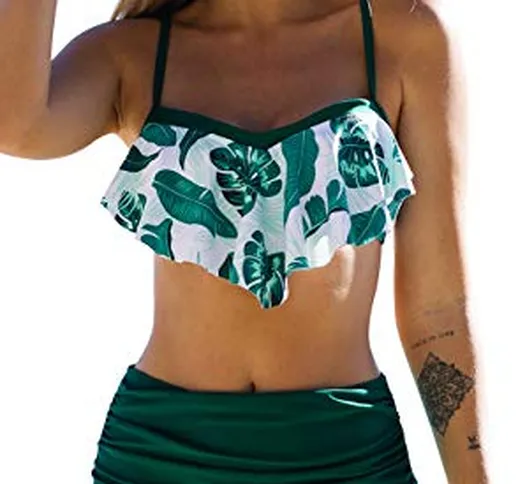 JFAN Costume da Bagno Donna Due Pezzi Bikini A Vita Alta Bottom Increspato Stampa Floreale...