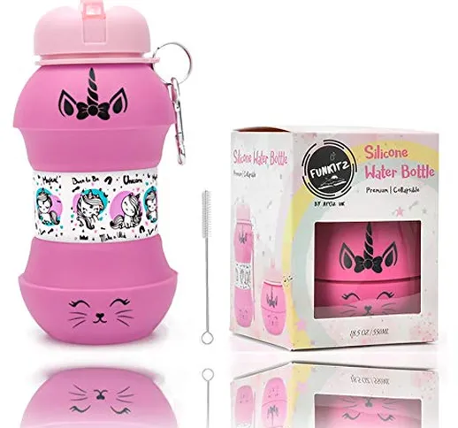 Borraccia unicorno per ragazze, Tazza Rosa,bottiglia d’acqua pieghevole in silicone riutil...